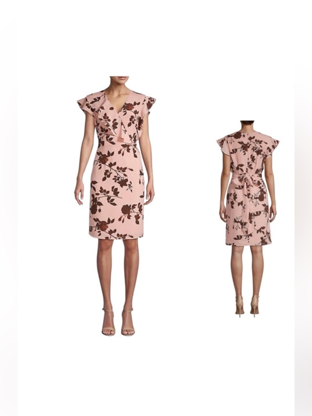 Halston NWOT shortsleeve faux wrap ruffle floral pink feminine dress size large